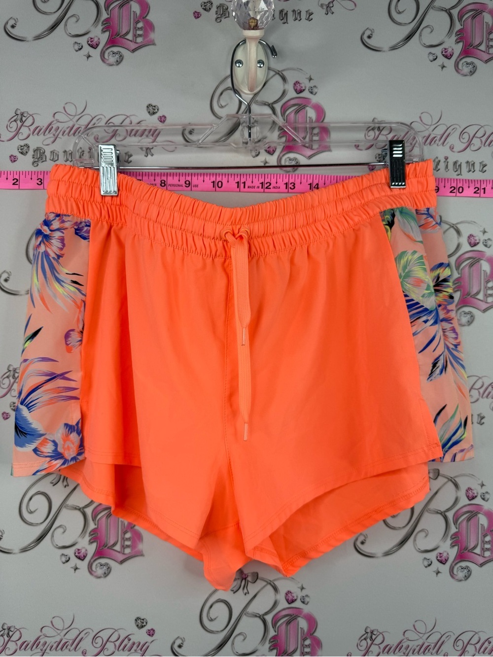 George shorts bright Neon Coral Athletic Shorts with Floral Side Panels